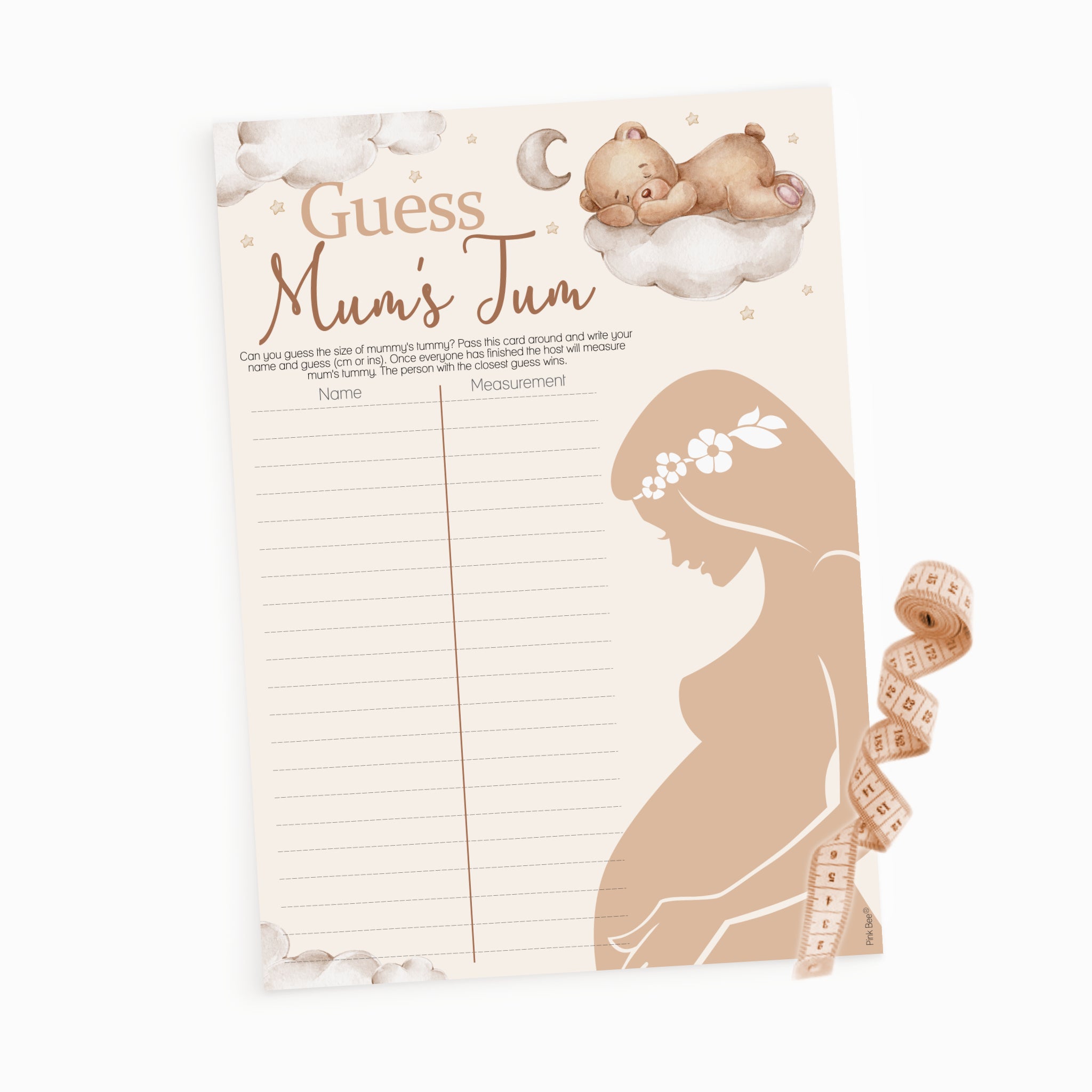 Teddy Bear Guess Mum's Tum baby shower game 20 player pack with A4 answer sheet and tape measure.