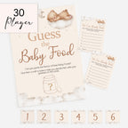 Large Teddy Bear Guess the Baby Food baby shower game pack with 40 guest cards, A4 sign and six stickers.