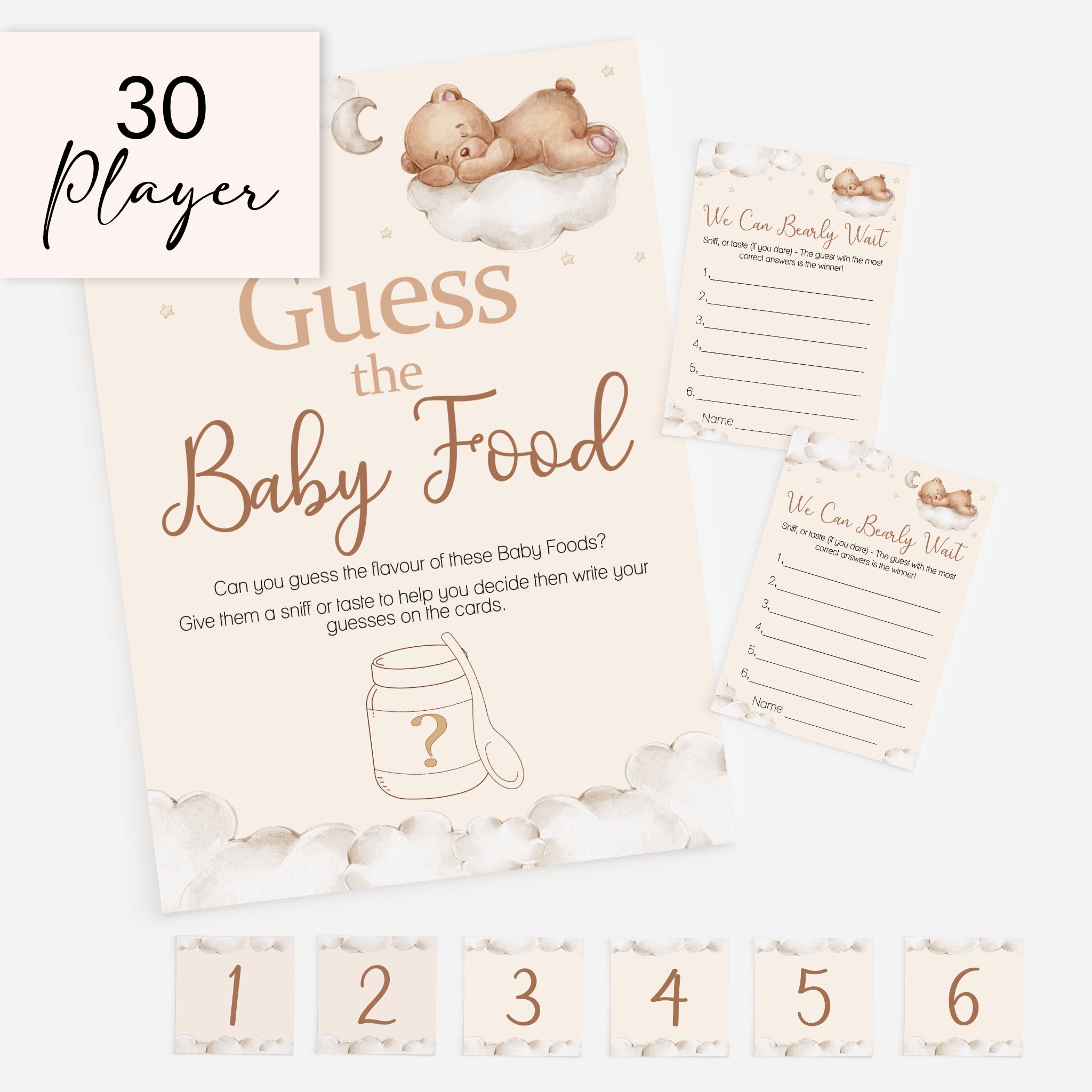 Large Teddy Bear Guess the Baby Food baby shower game pack with 40 guest cards, A4 sign and six stickers.