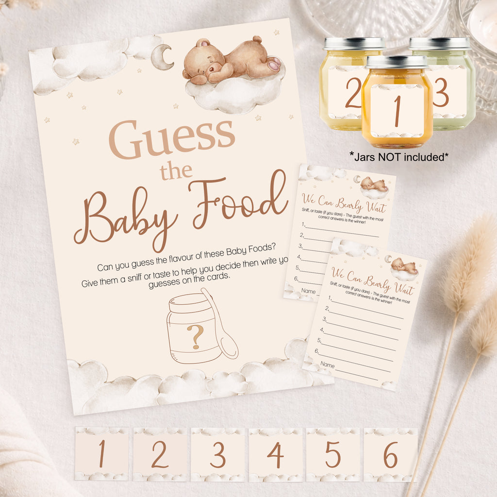 Teddy Bear Guess the Baby Food baby shower game kit including A4 sign, guest answer cards and six numbered jar stickers.