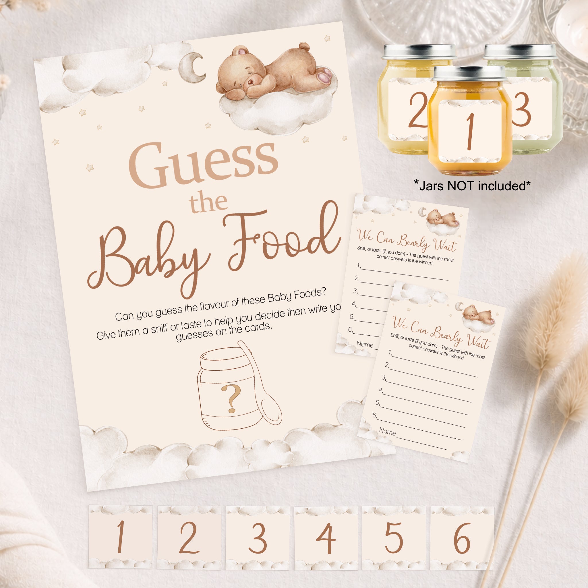 Teddy Bear Guess the Baby Food baby shower game kit including A4 sign, guest answer cards and six numbered jar stickers.