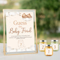 Teddy Bear Guess the Baby Food baby shower game displayed with answer cards, numbered jar stickers and example baby food jars.