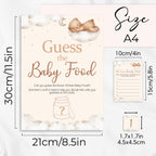 Size guide showing Teddy Bear Guess the Baby Food game dimensions including A4 sign, A6 answer cards and 45 mm stickers.