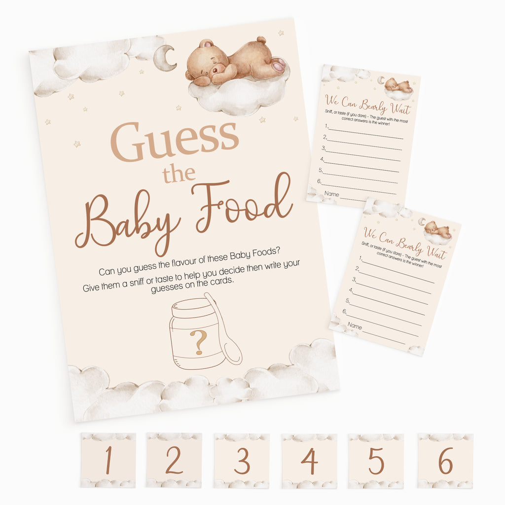 Teddy Bear Guess the Baby Food baby shower game pack with A4 sign, 10 guest cards and six numbered jar stickers.