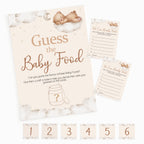 Teddy Bear Guess the Baby Food baby shower game pack with A4 sign, 10 guest cards and six numbered jar stickers.