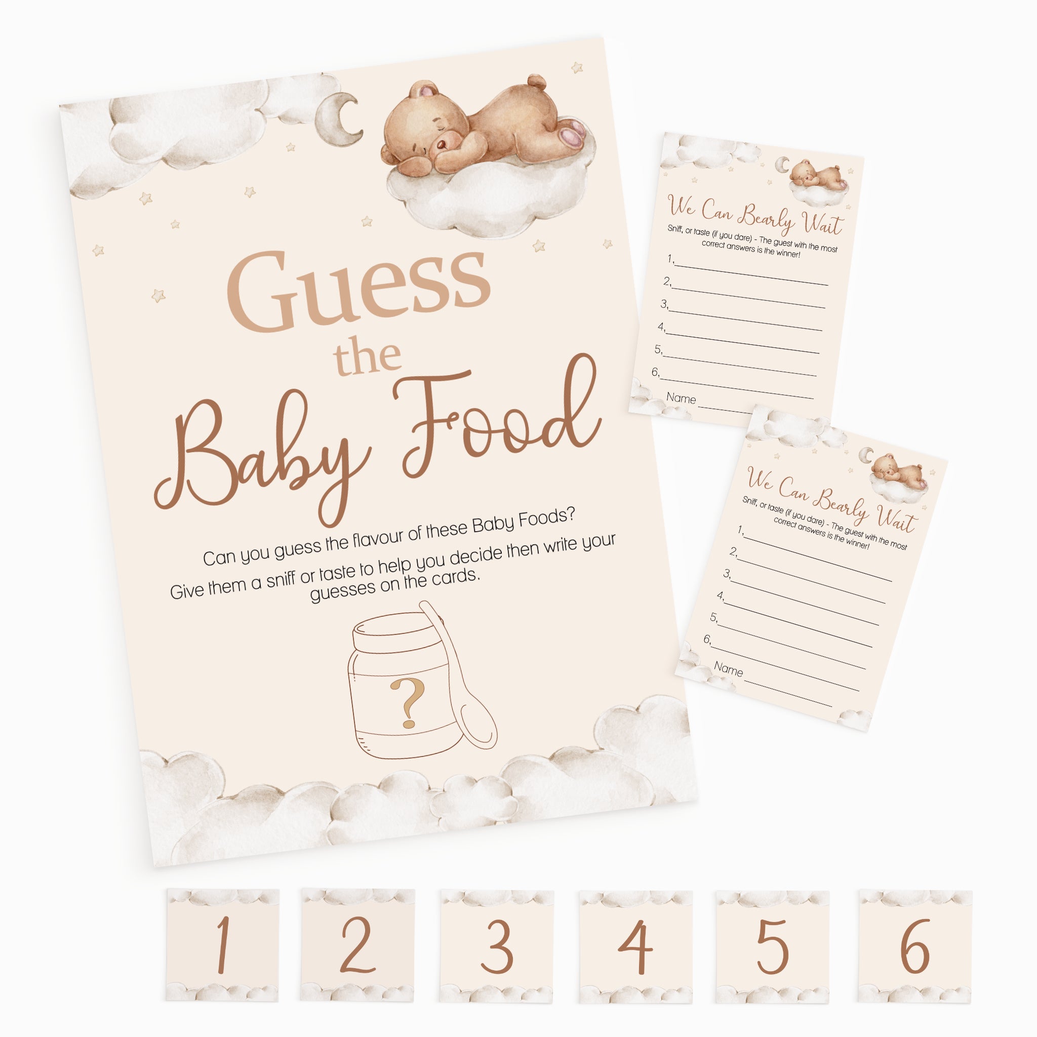 Teddy Bear Guess the Baby Food baby shower game pack with A4 sign, 10 guest cards and six numbered jar stickers.