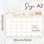 Size guide showing Teddy Bear Guess the Date baby shower poster measuring A2 (42 × 59.4 cm) with 5.5 × 3.7 cm date boxes.