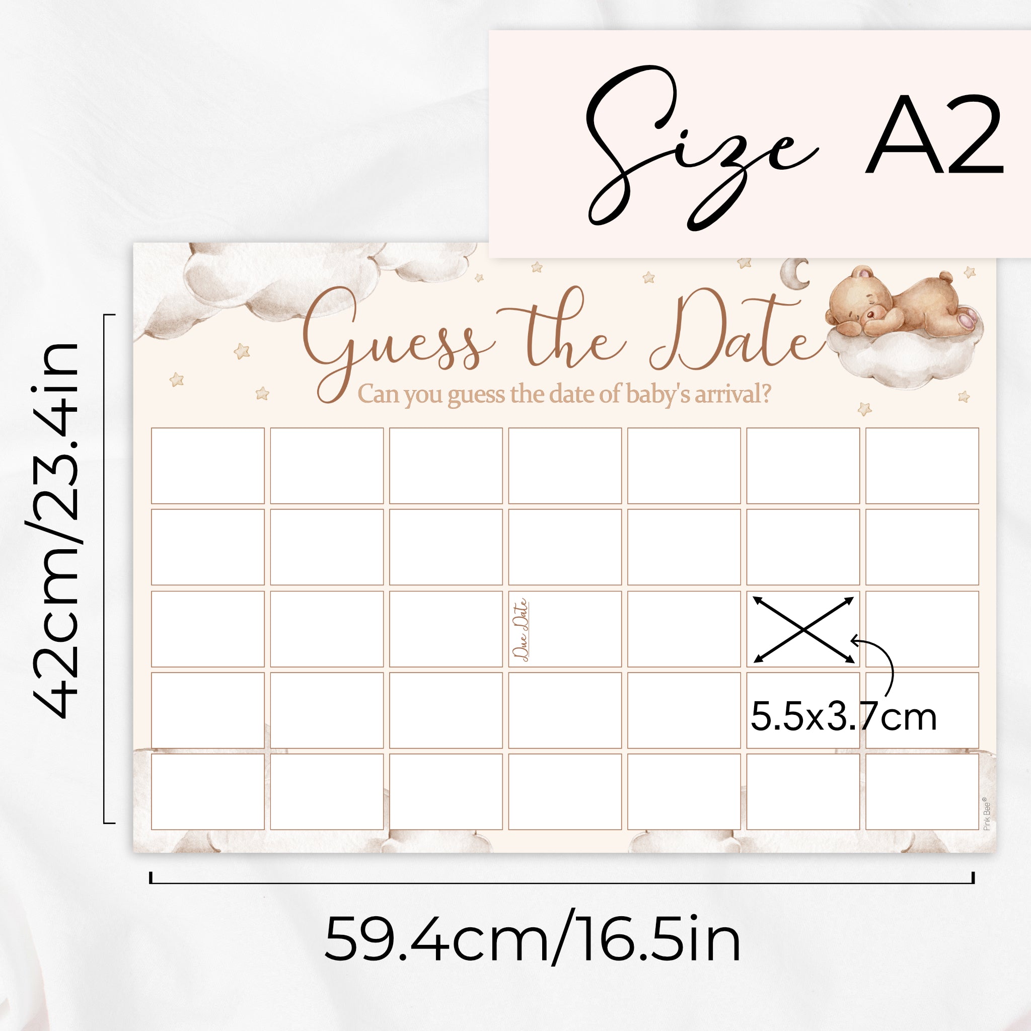 Size guide showing Teddy Bear Guess the Date baby shower poster measuring A2 (42 × 59.4 cm) with 5.5 × 3.7 cm date boxes.