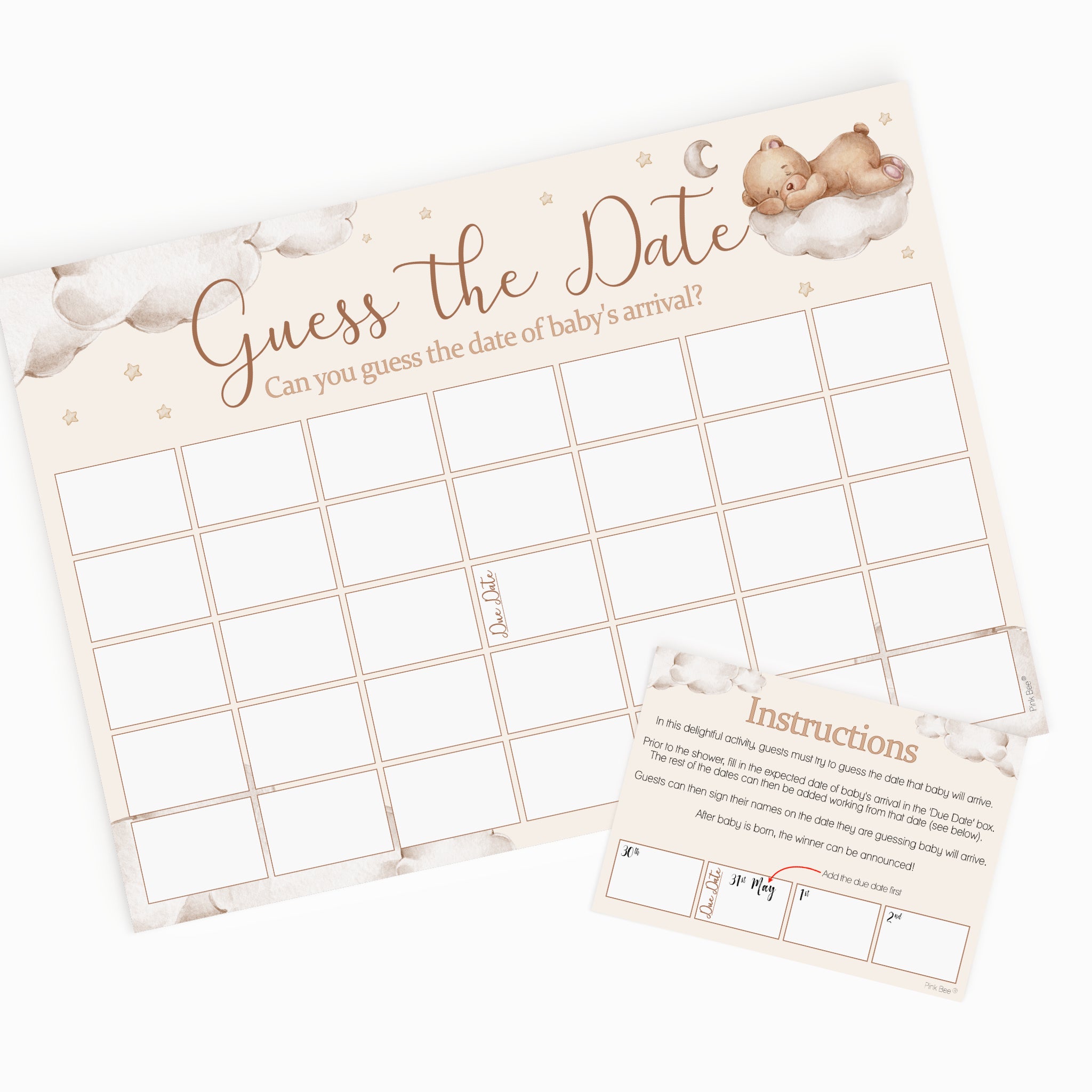 Flat lay of Teddy Bear Guess the Date baby shower poster with matching instruction card on a neutral background.