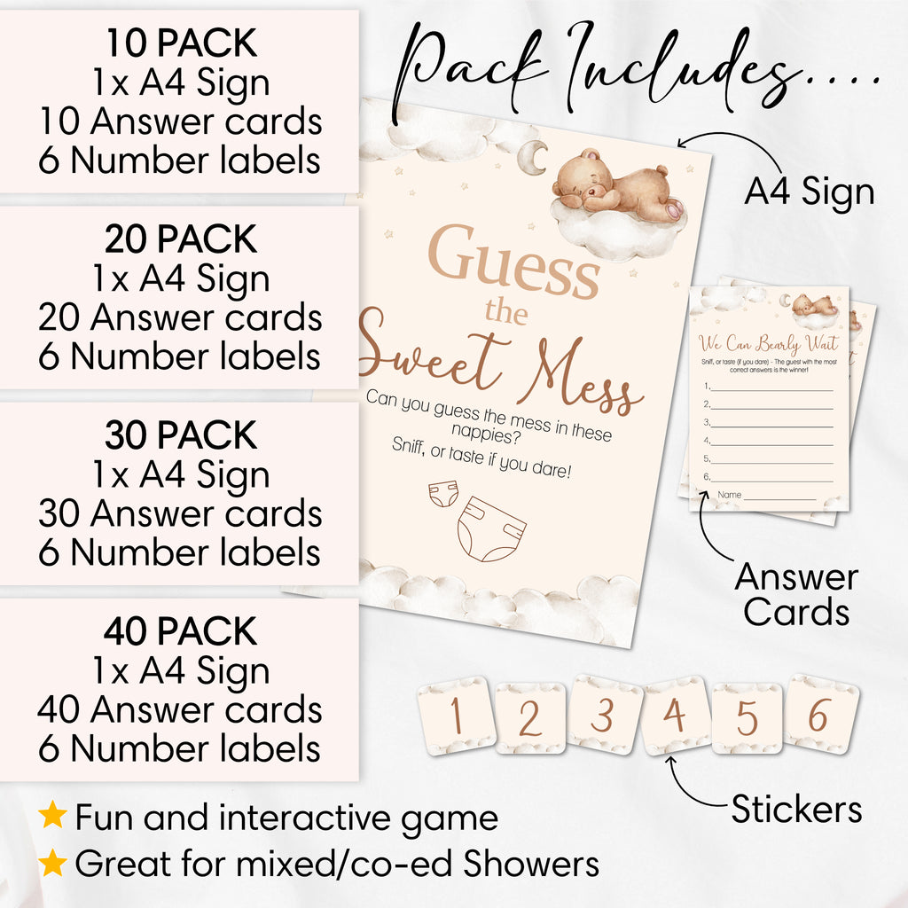 Pack contents of Teddy Bear Guess the Sweet Mess baby shower game including A4 sign, guest cards and six numbered stickers for 10 to 40 players.