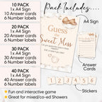 Pack contents of Teddy Bear Guess the Sweet Mess baby shower game including A4 sign, guest cards and six numbered stickers for 10 to 40 players.