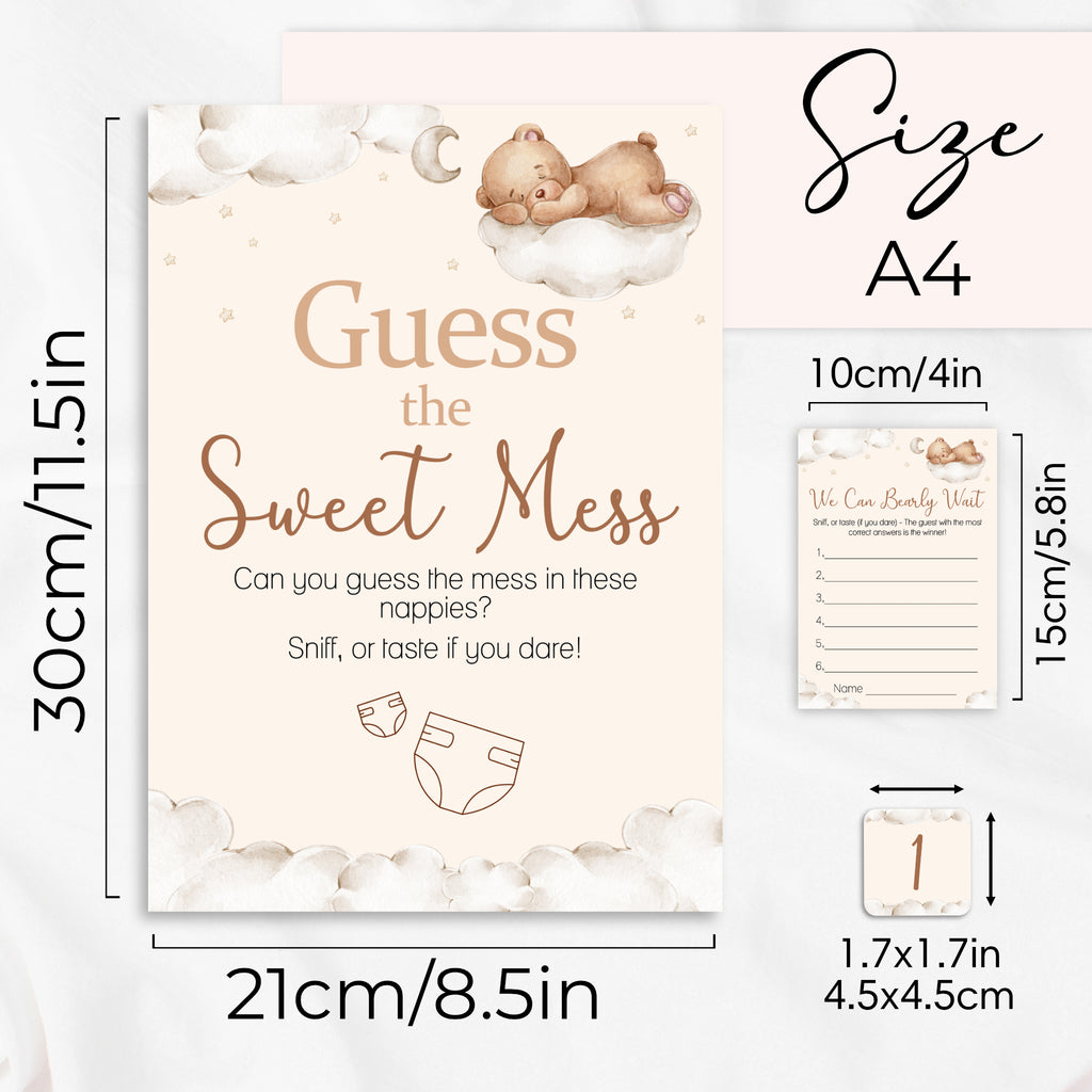 Size guide showing Teddy Bear Guess the Sweet Mess baby shower game dimensions including A4 sign, A6 answer cards and 45 mm numbered stickers.