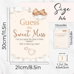 Size guide showing Teddy Bear Guess the Sweet Mess baby shower game dimensions including A4 sign, A6 answer cards and 45 mm numbered stickers.