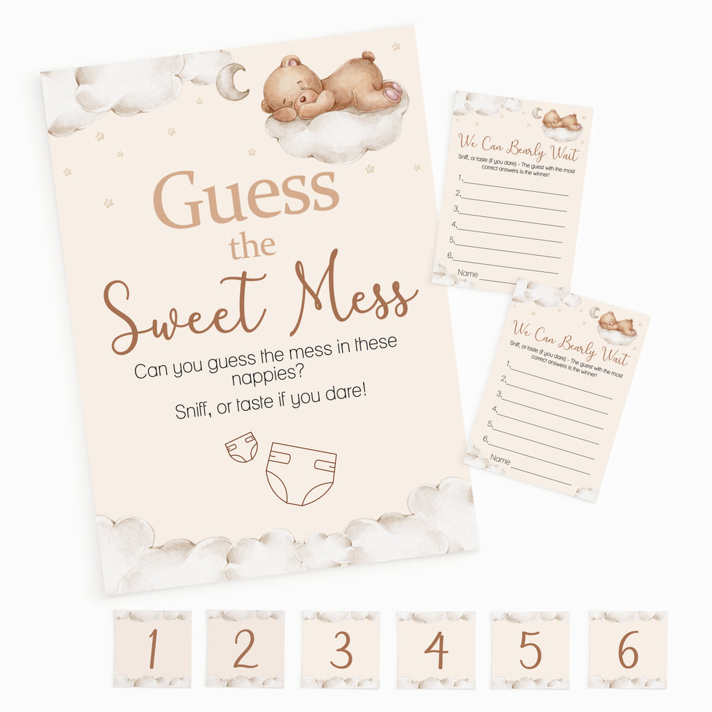 Teddy Bear Guess the Sweet Mess baby shower game featuring A4 sign, guest answer cards and numbered stickers on a white background.