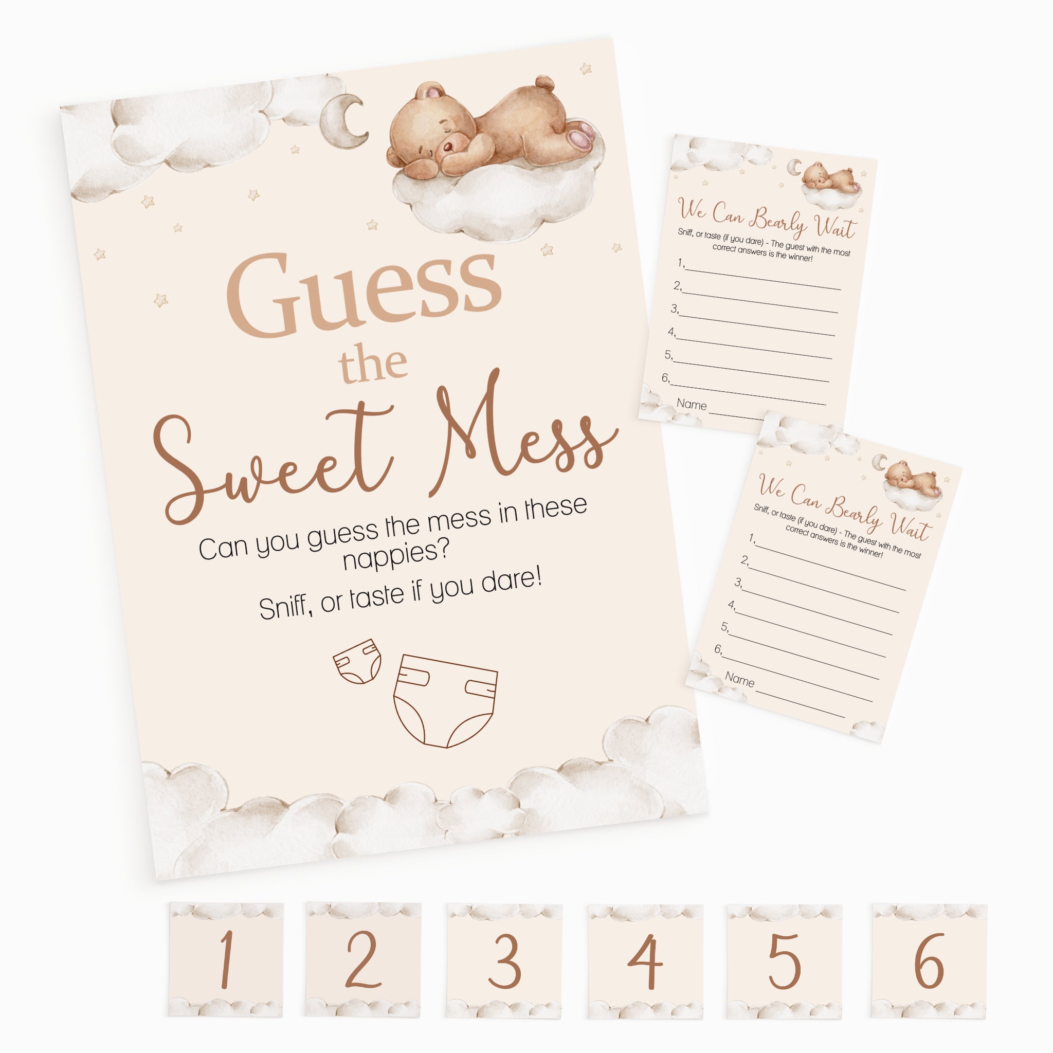 Teddy Bear Guess the Sweet Mess baby shower game featuring A4 sign, guest answer cards and numbered stickers on a white background.