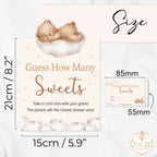 Size guide showing Teddy Bear Guess the Sweets baby shower tent sign measuring 21 × 15 cm and guest guessing cards measuring 8.5 × 5.5 cm.