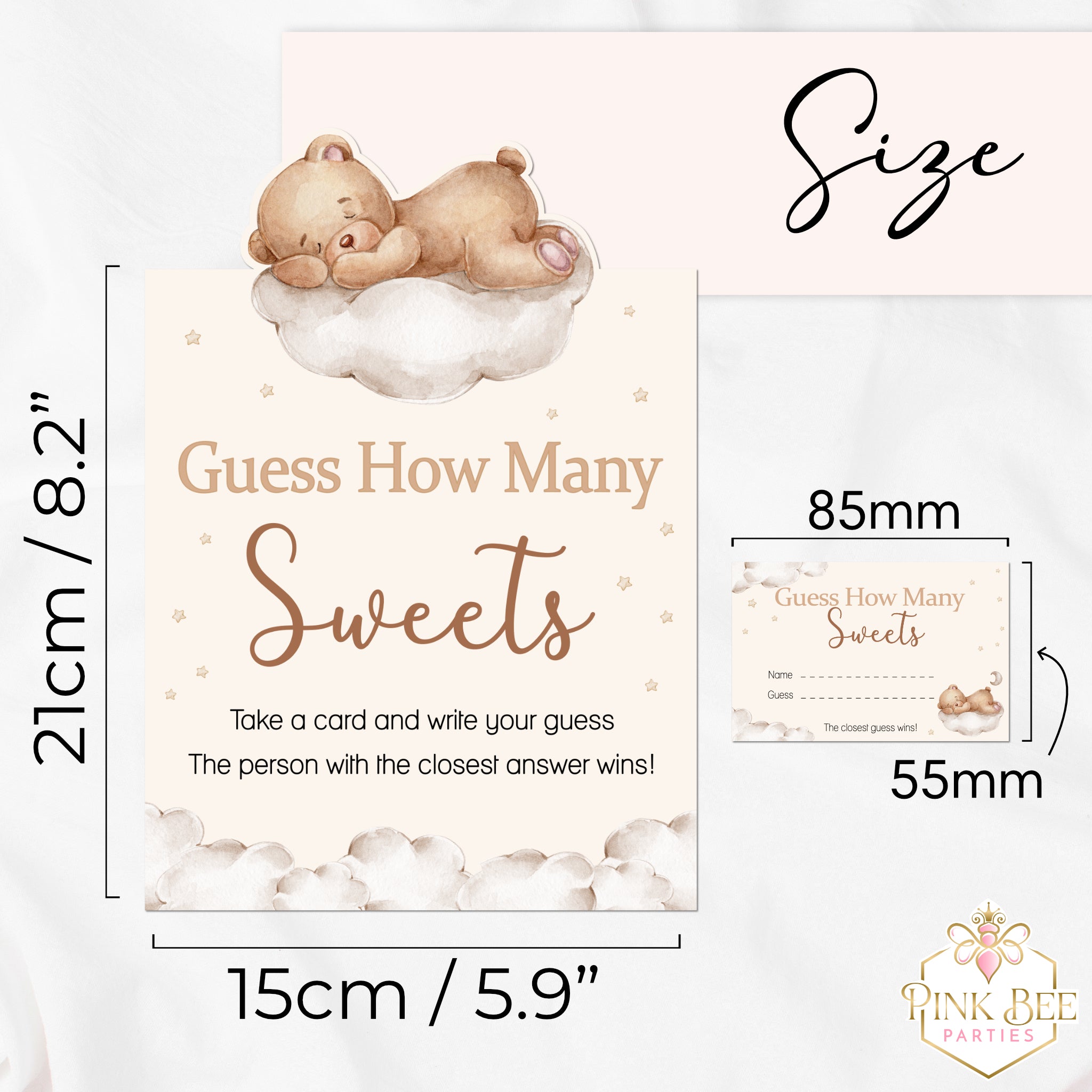 Size guide showing Teddy Bear Guess the Sweets baby shower tent sign measuring 21 × 15 cm and guest guessing cards measuring 8.5 × 5.5 cm.