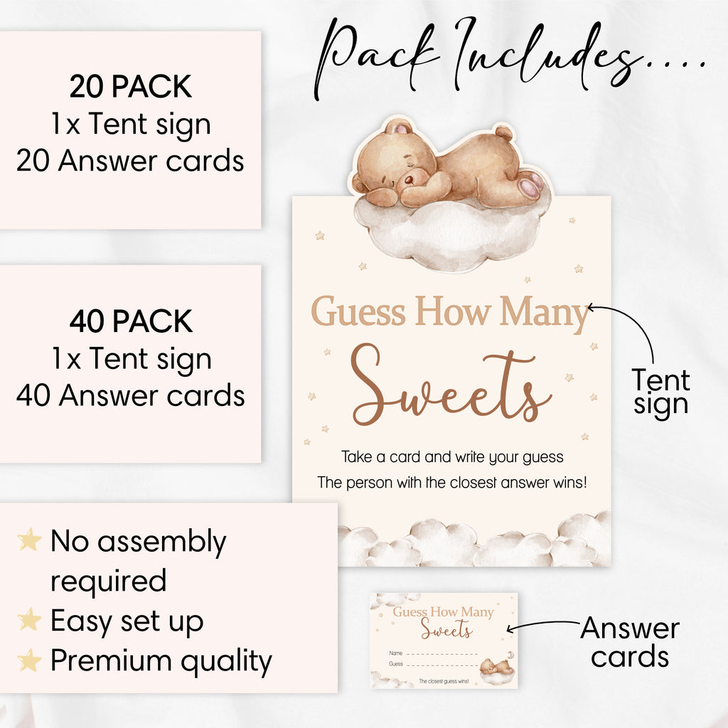 Pack contents for Teddy Bear Guess the Sweets baby shower game including folded tent sign and 20 or 40 guest guessing cards.