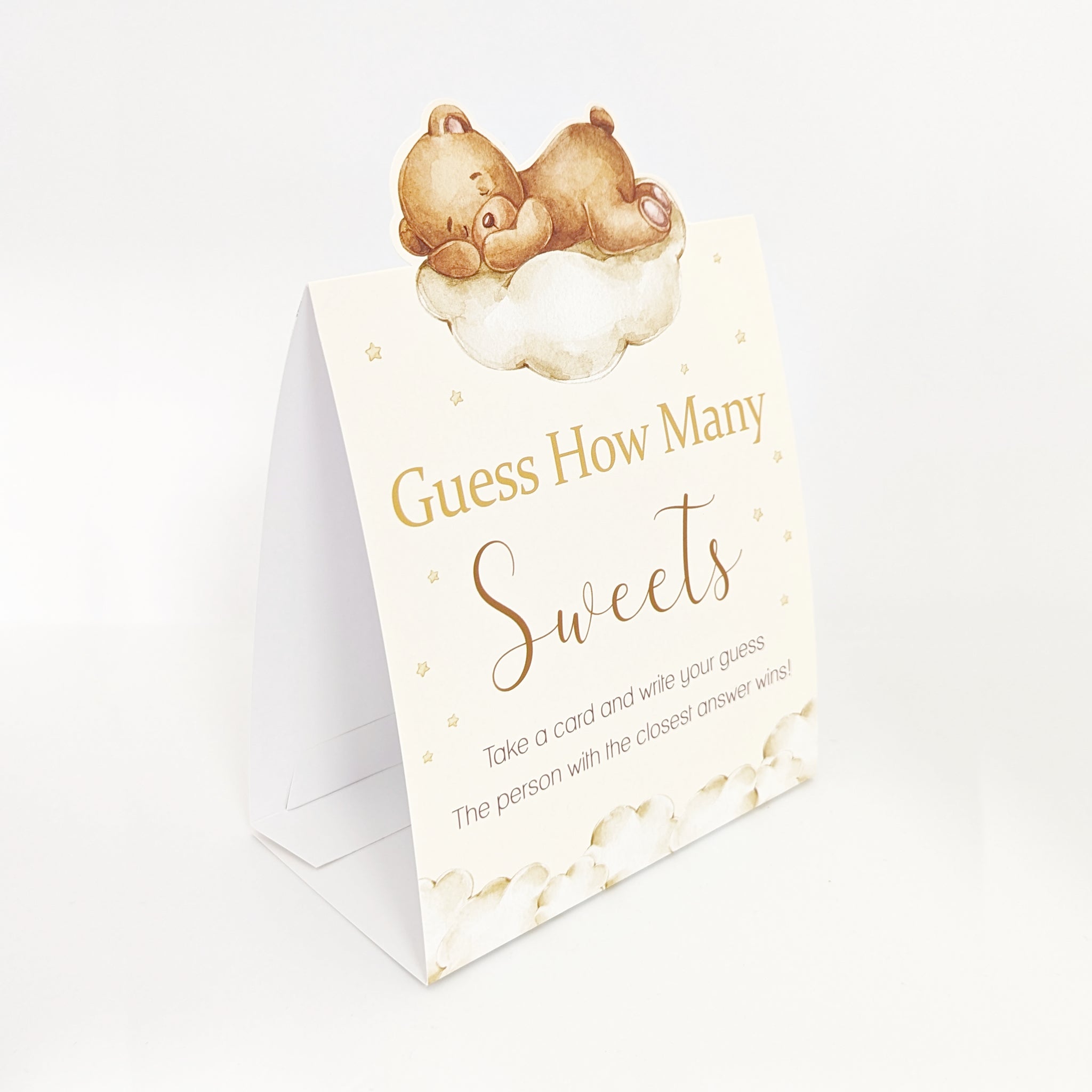 Folded Teddy Bear Guess the Sweets baby shower tent sign with elegant neutral teddy bear illustration.