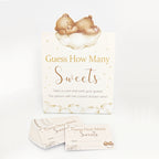 Teddy Bear Guess the Sweets baby shower game including premium folded tent sign and matching guest guessing cards.
