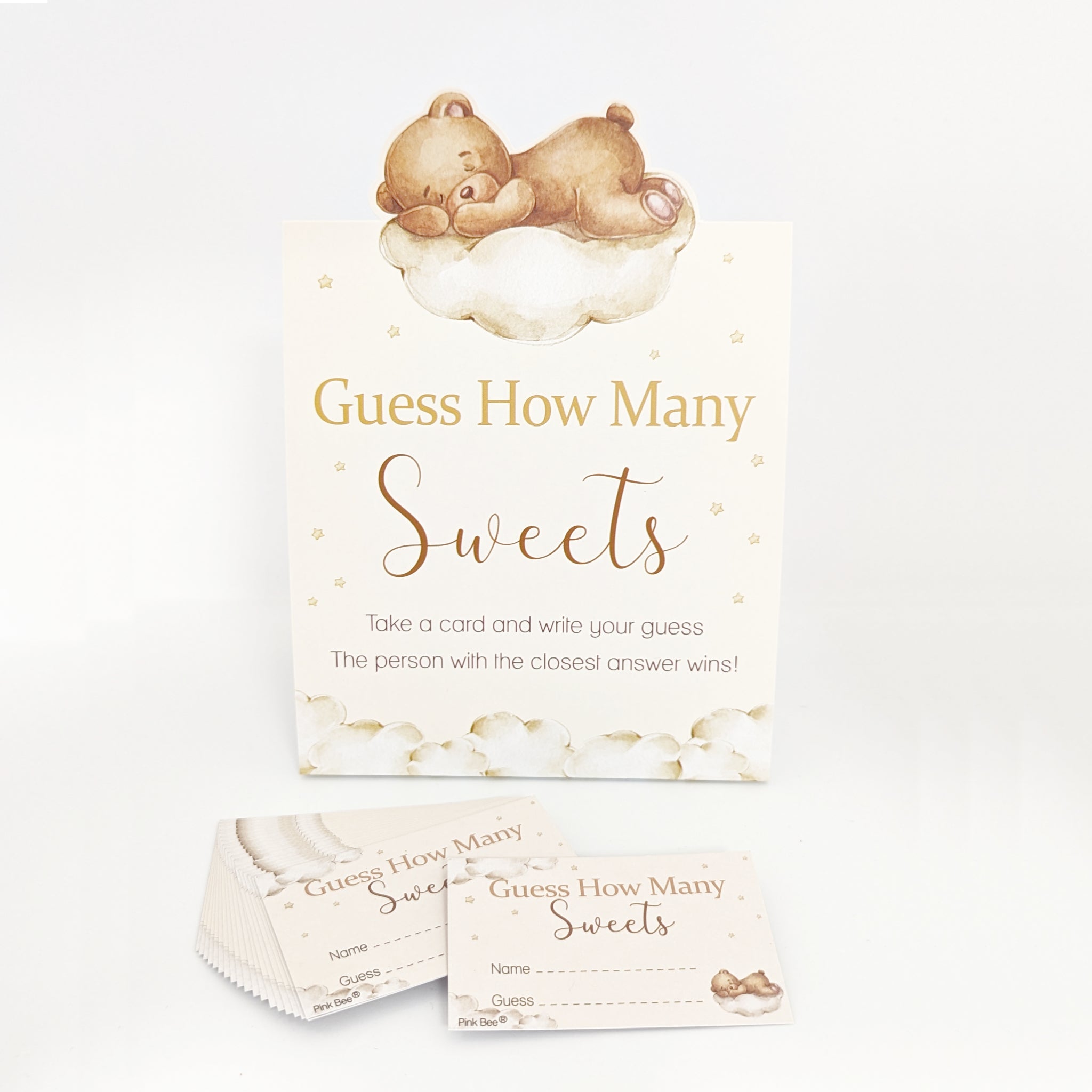 Teddy Bear Guess the Sweets baby shower game including premium folded tent sign and matching guest guessing cards.