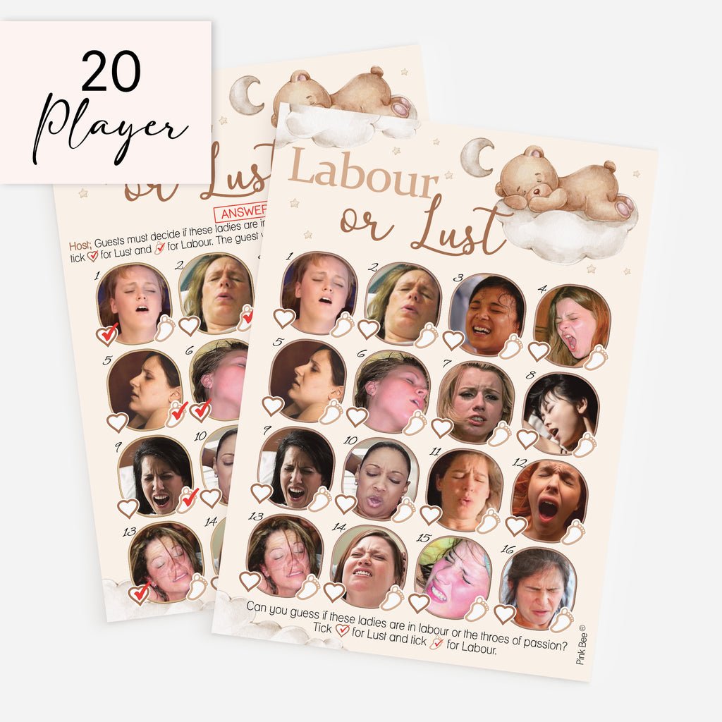 Teddy Bear Labour or Lust baby shower picture quiz game for 20 guests with answer card.
