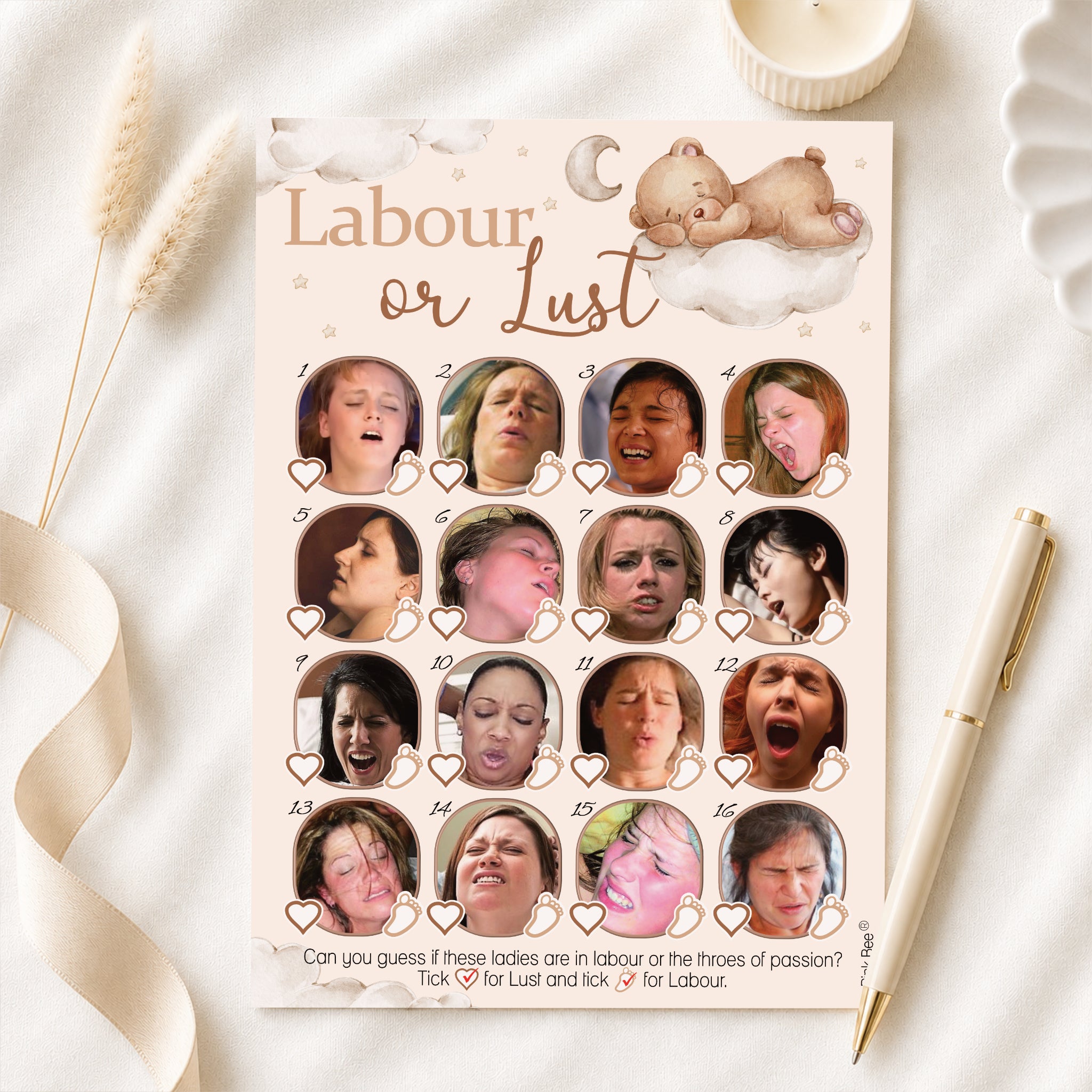 Teddy Bear Labour or Lust baby shower game card shown on neutral flat lay with pen ready for guests to play.