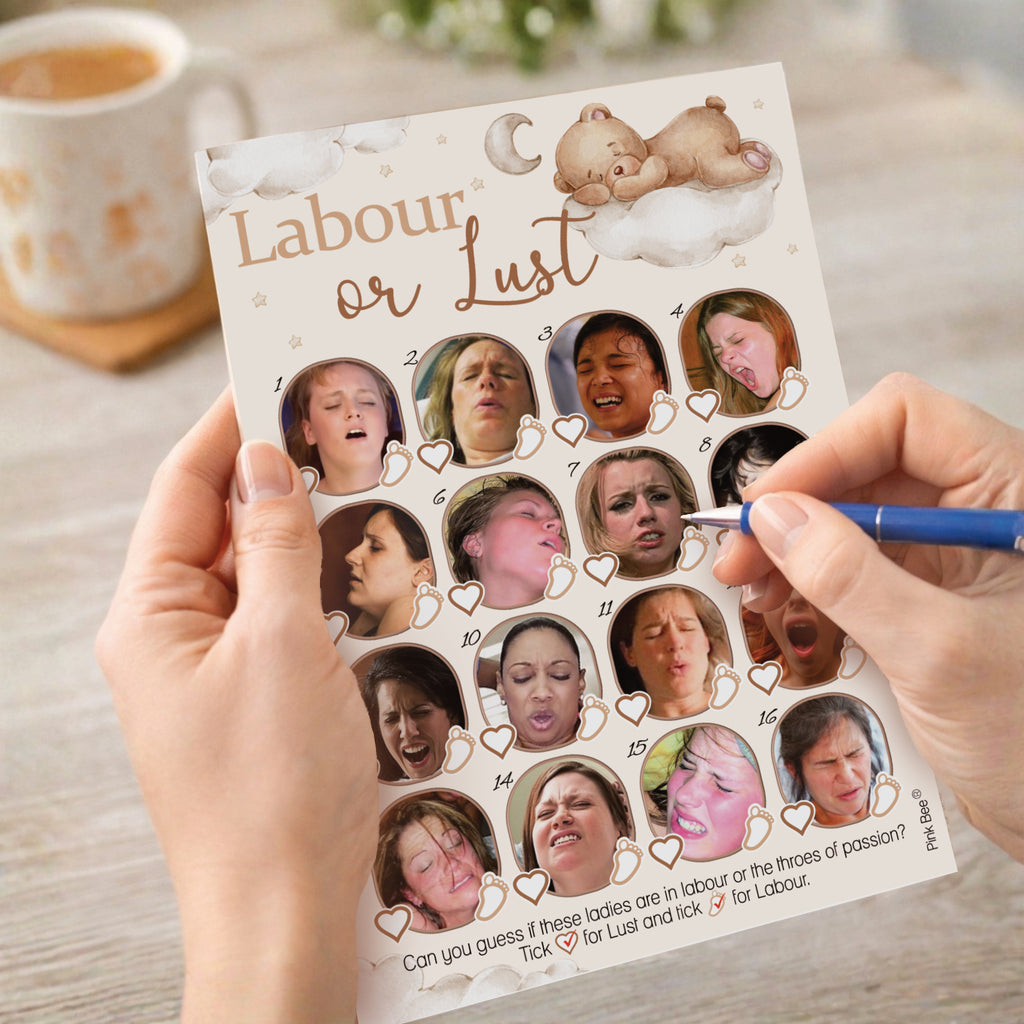 Guest completing Teddy Bear Labour or Lust baby shower picture quiz during a baby shower party.