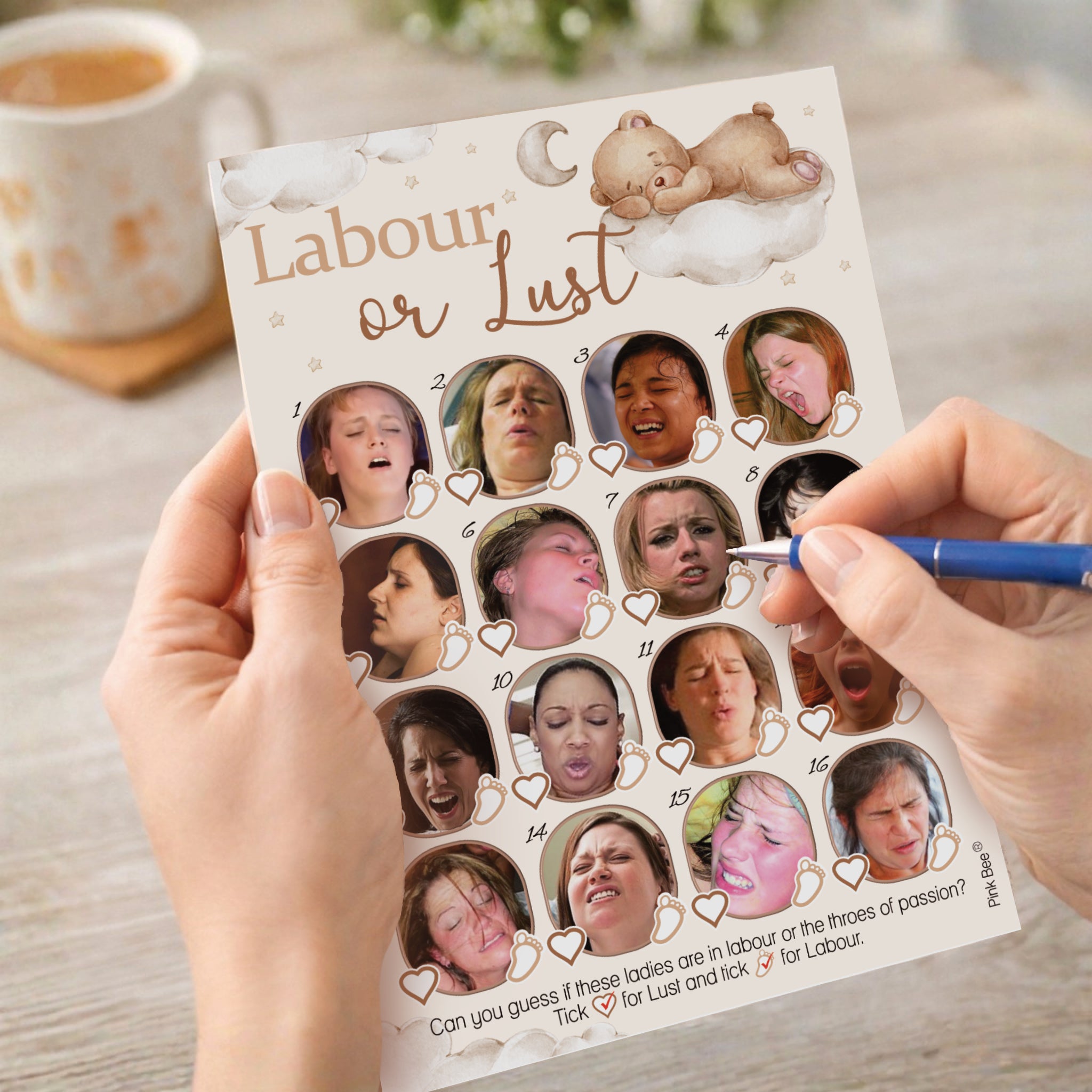 Guest completing Teddy Bear Labour or Lust baby shower picture quiz during a baby shower party.
