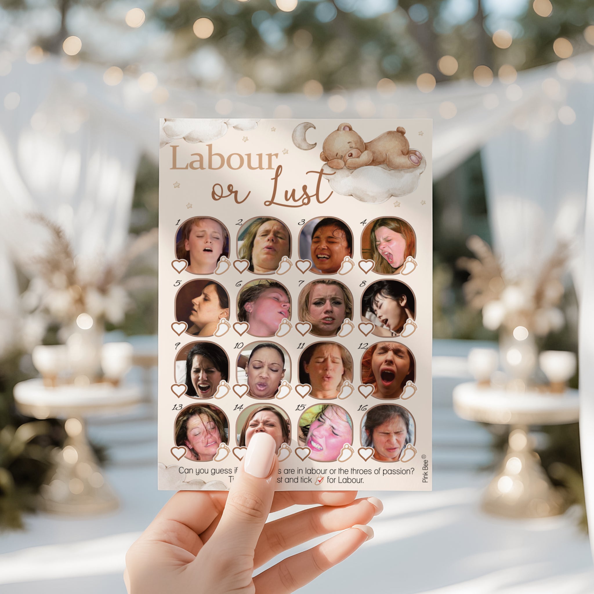 Teddy Bear Labour or Lust baby shower game displayed at a stylish neutral teddy bear themed baby shower.