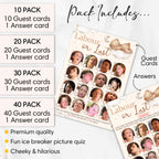 Pack contents of Teddy Bear Labour or Lust baby shower game showing guest cards, answer card and player pack options.