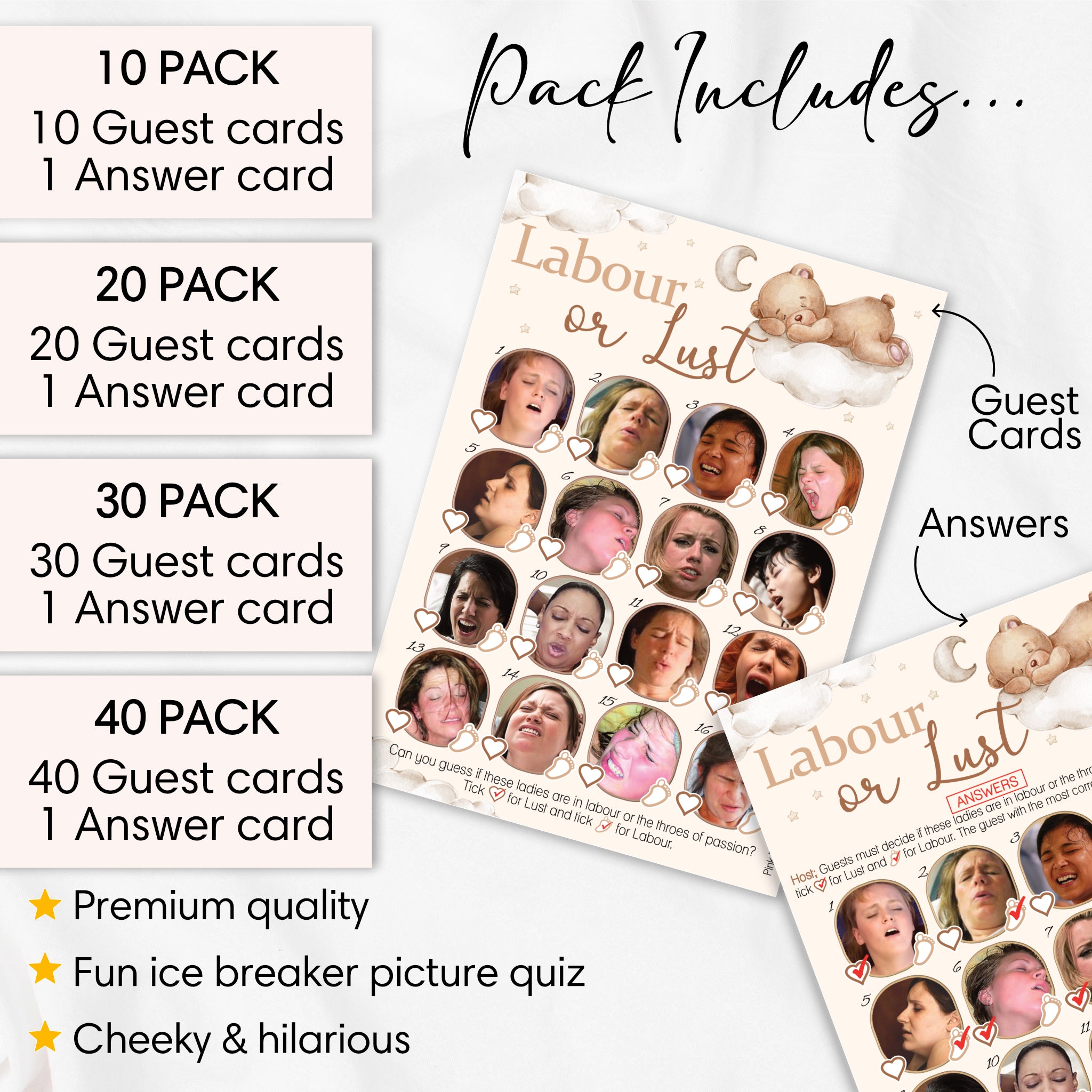 Pack contents of Teddy Bear Labour or Lust baby shower game showing guest cards, answer card and player pack options.