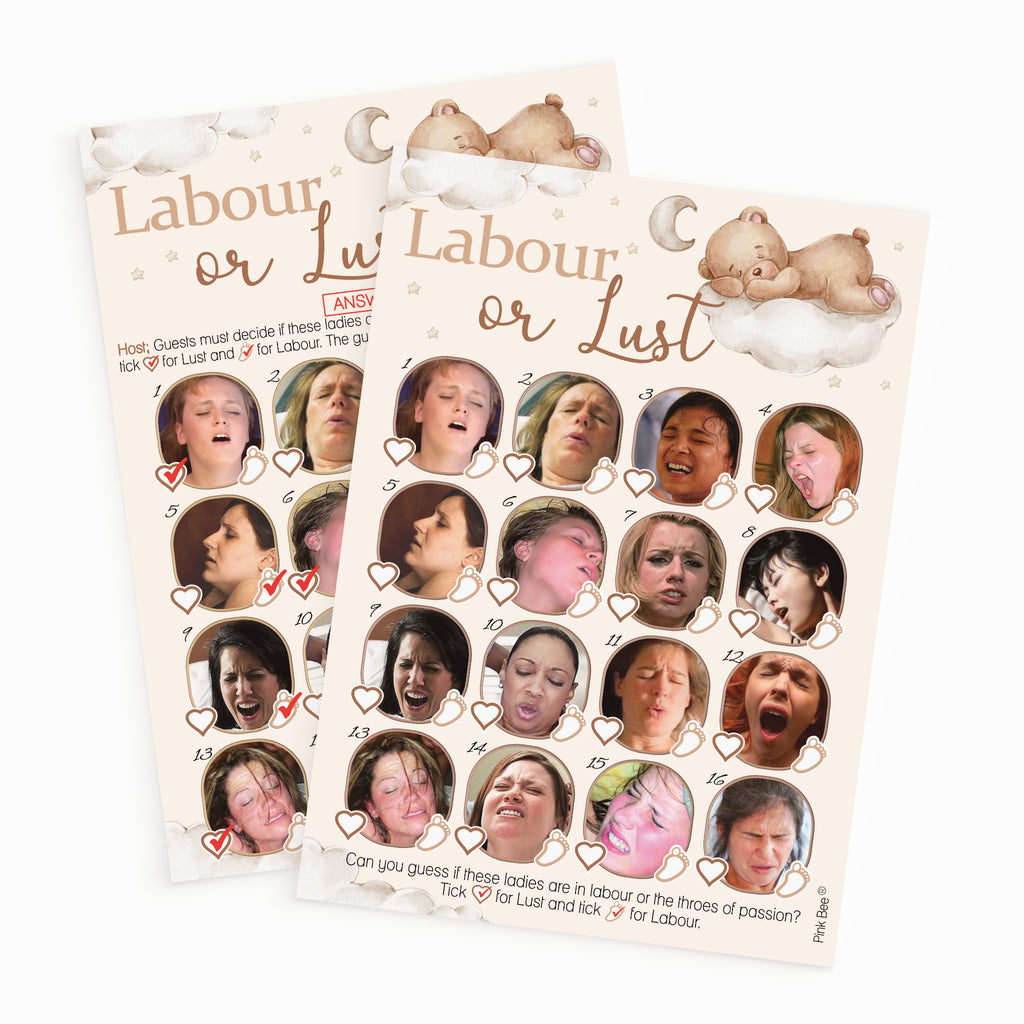 Teddy Bear Labour or Lust baby shower game guest card with matching answer sheet included.