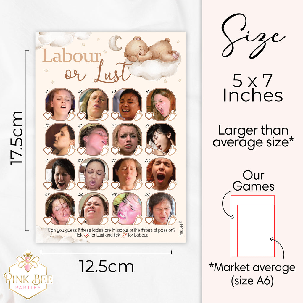 Size guide showing Teddy Bear Labour or Lust baby shower game measuring 12.5 x 17.5 cm (5 x 7 inches).