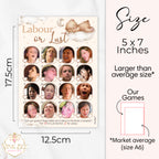 Size guide showing Teddy Bear Labour or Lust baby shower game measuring 12.5 x 17.5 cm (5 x 7 inches).