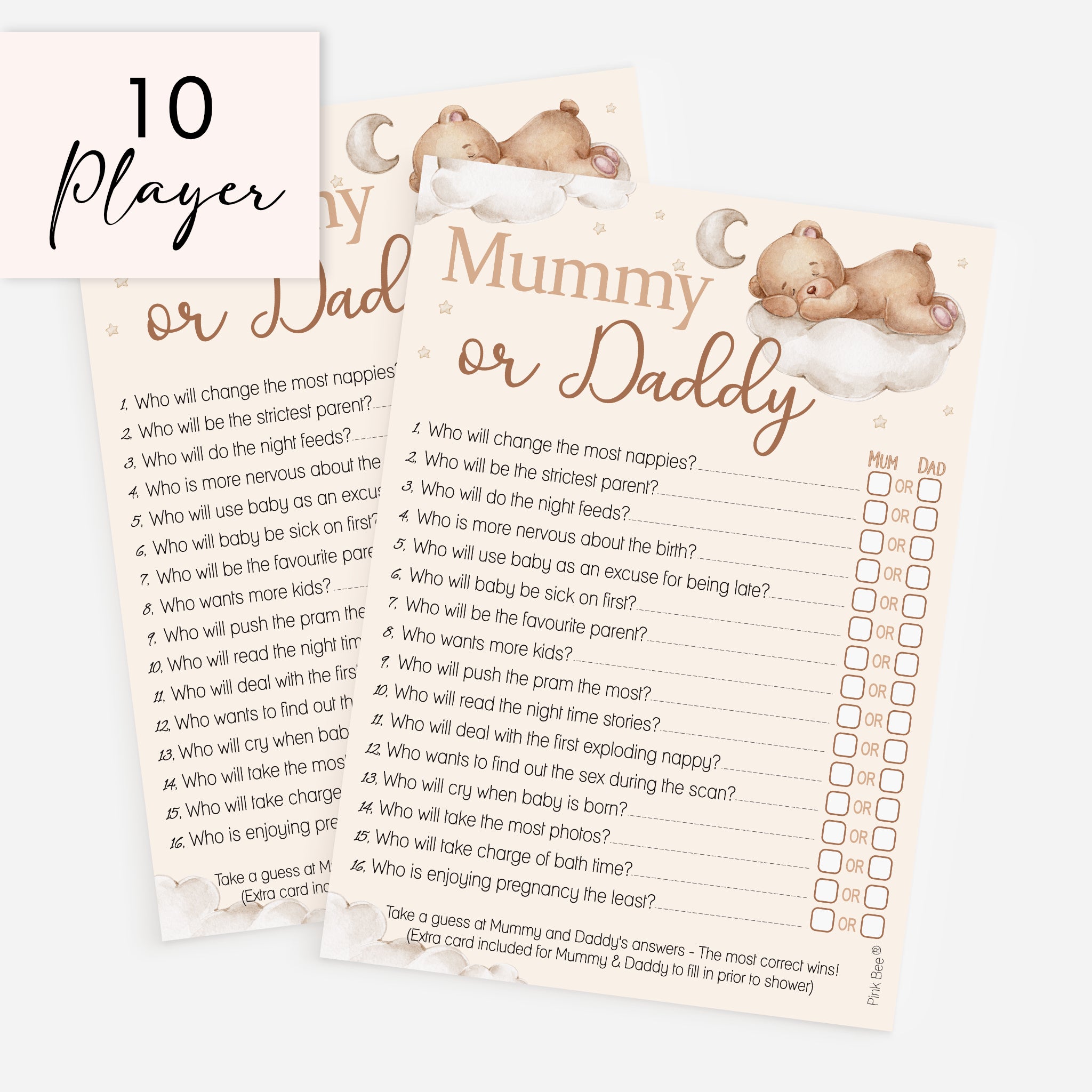 Teddy Bear Mummy or Daddy baby shower game cards for 10 players with neutral teddy bear design and included answer card.