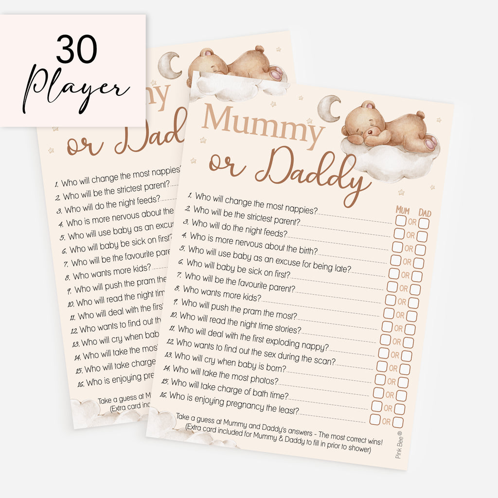 Neutral Teddy Bear Mummy or Daddy baby shower game cards for 30 guests with answer sheet included.