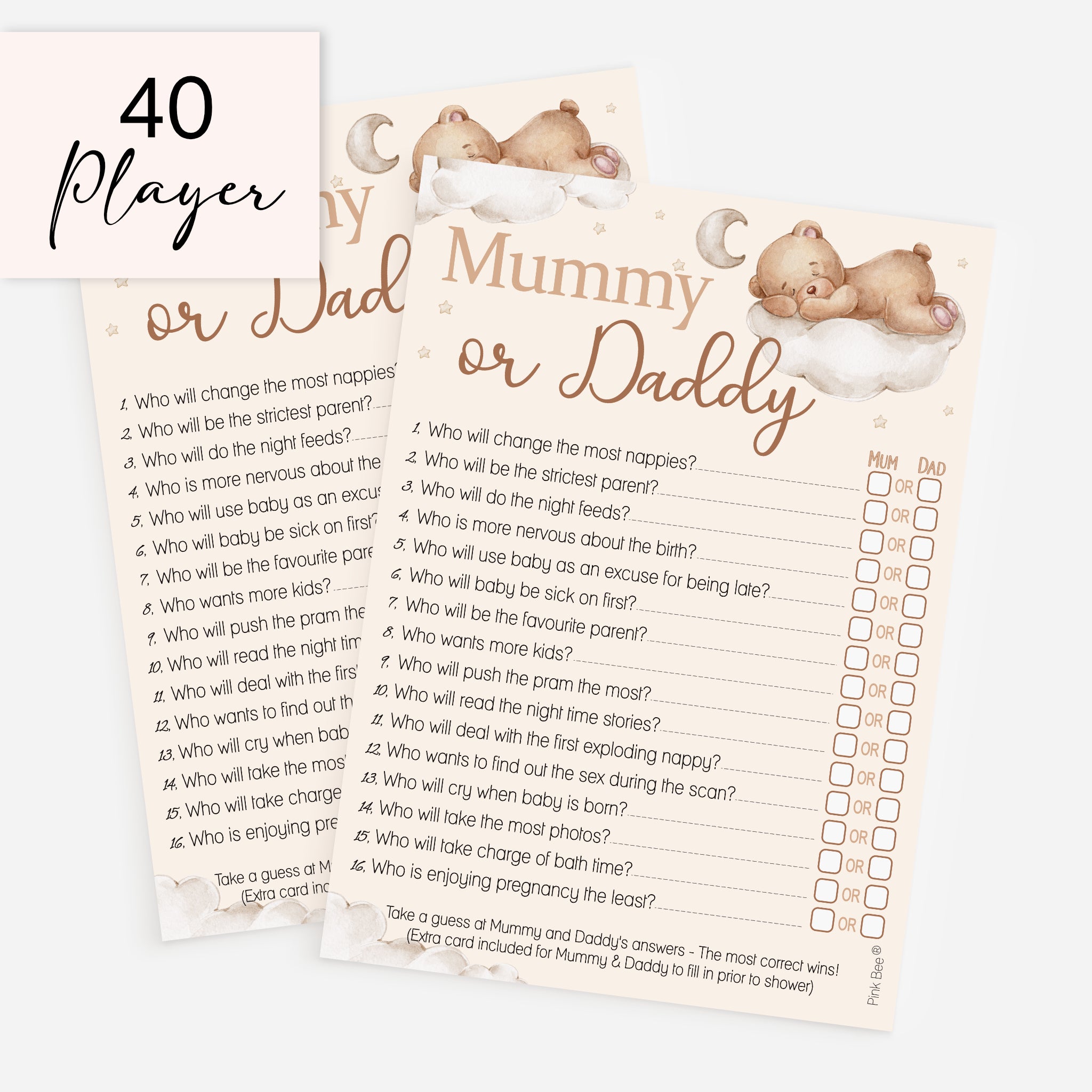 Large pack Teddy Bear Mummy or Daddy baby shower game for 40 players with premium British printed cards.