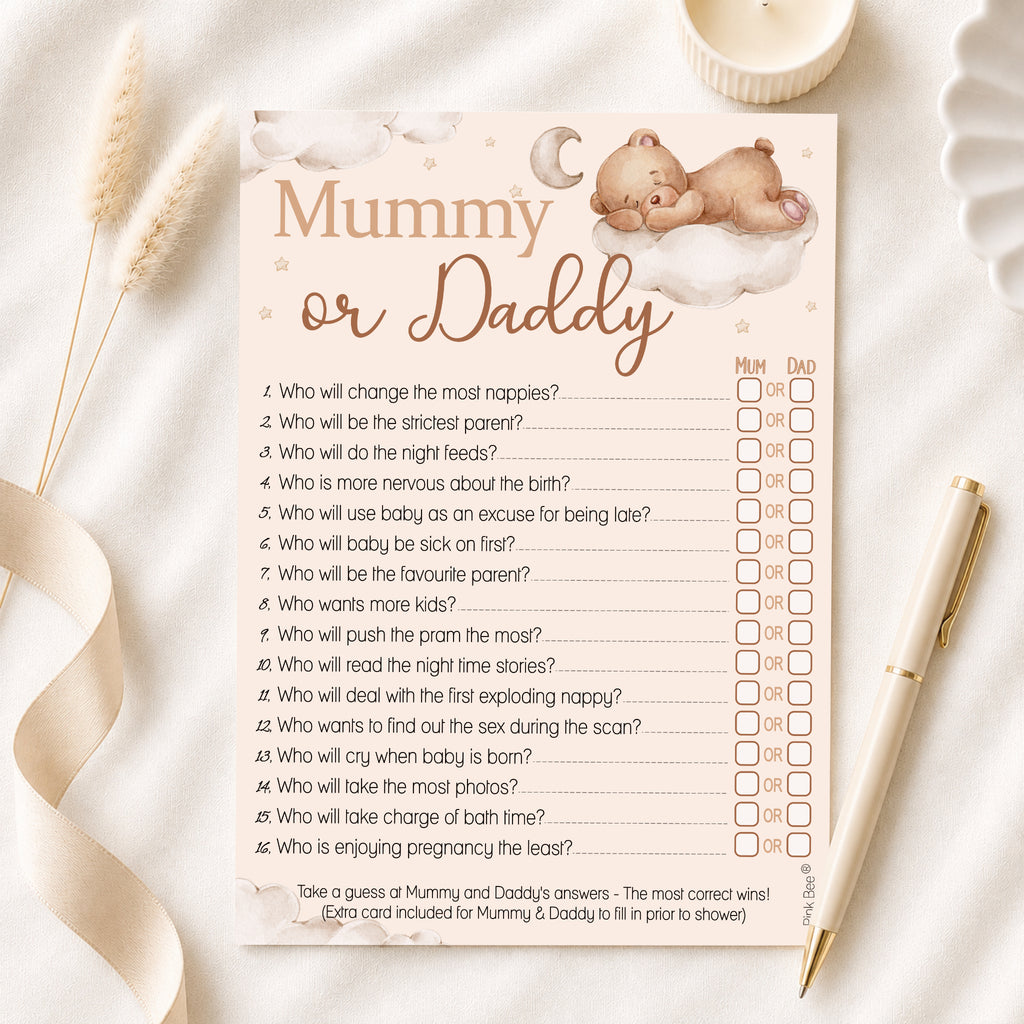 Teddy Bear Mummy or Daddy baby shower game displayed on linen background with pen showing premium quality 5x7 game card.