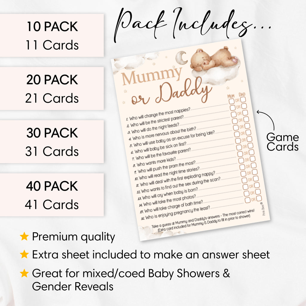 Pack contents for Teddy Bear Mummy or Daddy baby shower game showing guest cards, answer card and available player quantities.