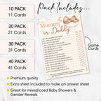 Pack contents for Teddy Bear Mummy or Daddy baby shower game showing guest cards, answer card and available player quantities.