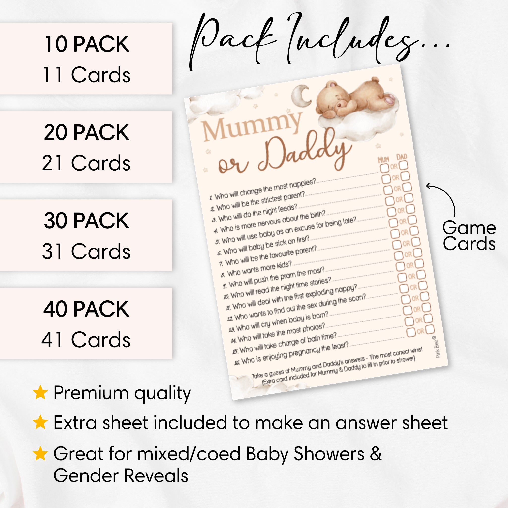 Pack contents for Teddy Bear Mummy or Daddy baby shower game showing guest cards, answer card and available player quantities.