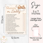 Size guide showing Teddy Bear Mummy or Daddy baby shower game measuring 12.5 x 17.5 cm (5 x 7 inches).