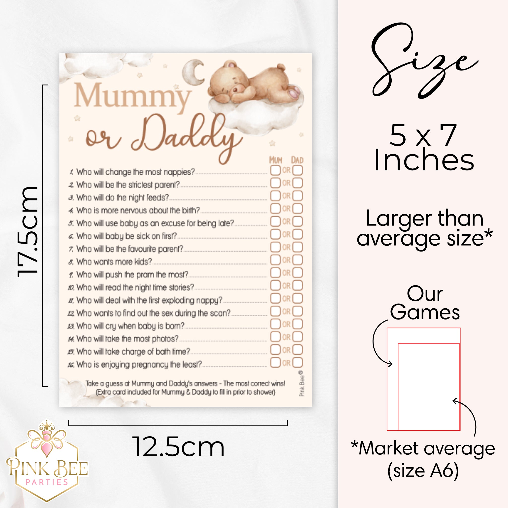 Size guide showing Teddy Bear Mummy or Daddy baby shower game measuring 12.5 x 17.5 cm (5 x 7 inches).