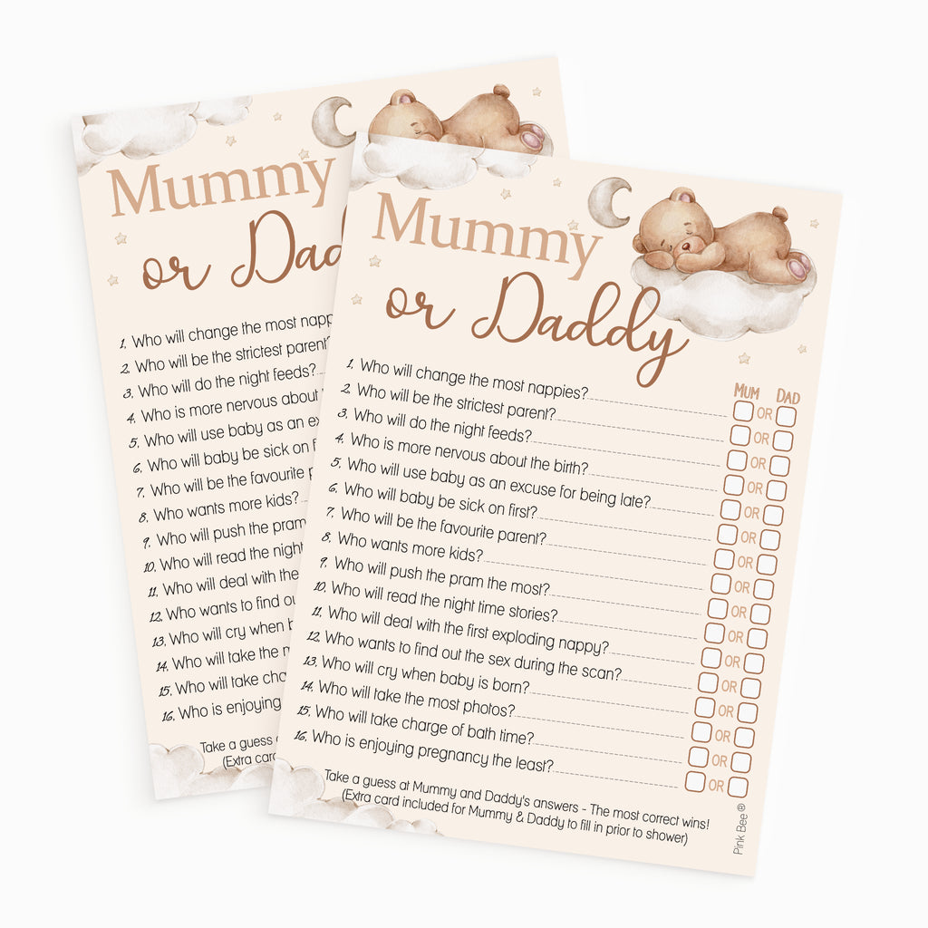 Two Teddy Bear Mummy or Daddy baby shower game cards displaying the elegant neutral teddy bear baby shower theme.