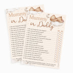 Two Teddy Bear Mummy or Daddy baby shower game cards displaying the elegant neutral teddy bear baby shower theme.