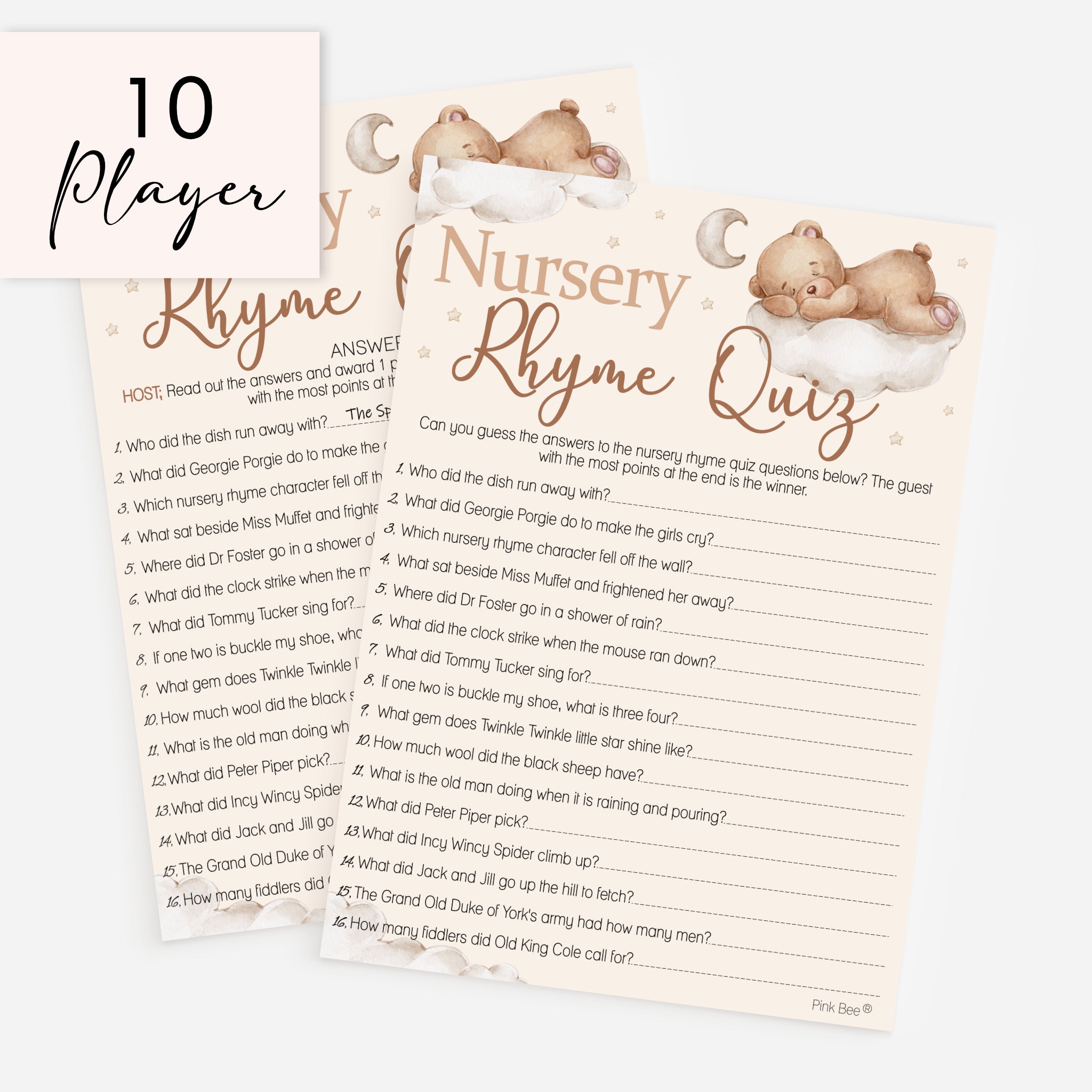 Teddy Bear Nursery Rhyme Quiz baby shower game with answer card, 10 player pack, neutral baby shower theme.