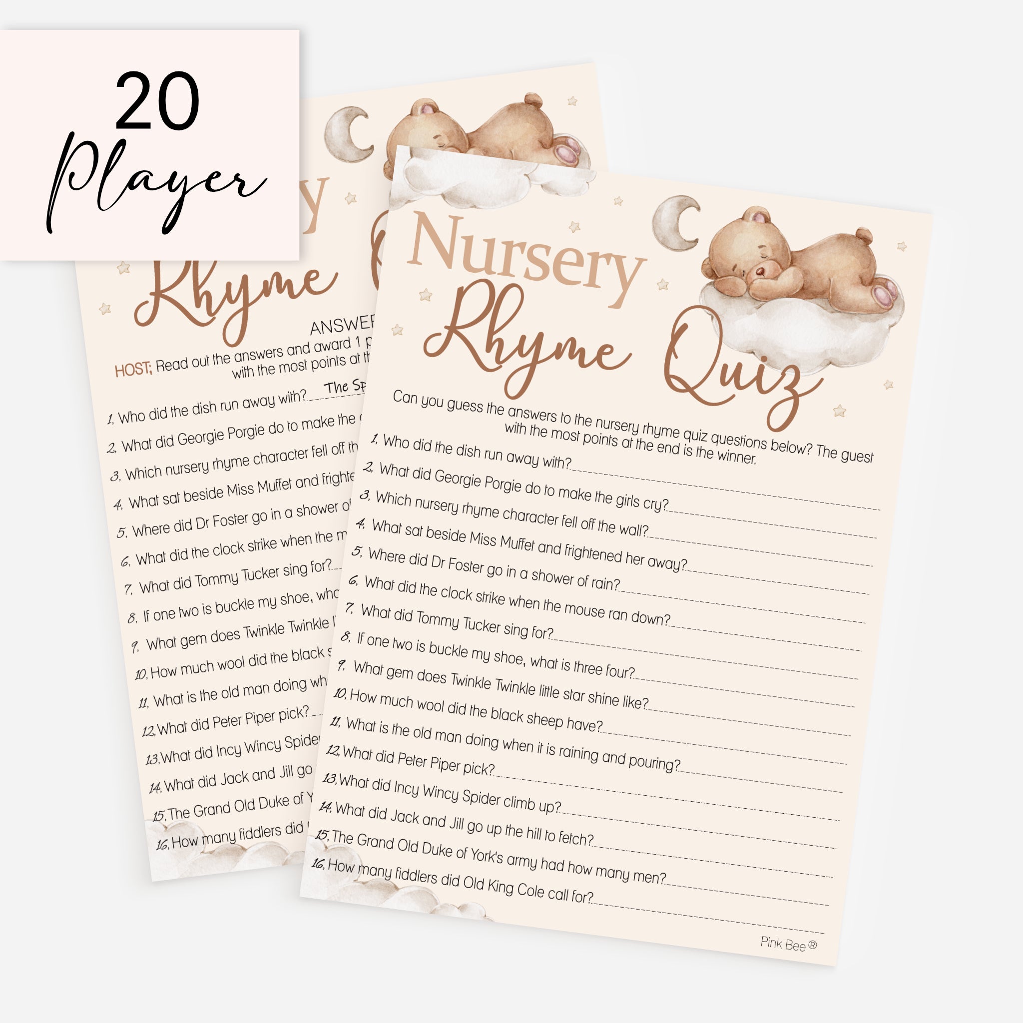 Teddy Bear Nursery Rhyme Quiz baby shower game with answer card, 20 player pack for baby boy, girl or neutral shower.