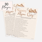 30 player Teddy Bear Nursery Rhyme Quiz baby shower game featuring premium 5x7 guest cards and answer sheet.