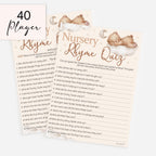 40 player Teddy Bear Nursery Rhyme Quiz baby shower game with premium printed guest cards and host answer card.